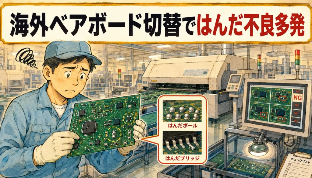 海外ベアボード切替ではんだ不良多発（はんだボール・ブリッジの図解入りアイキャッチ）