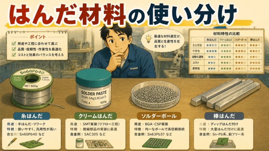 はんだ材料の使い分け｜糸はんだ・クリームはんだ・ソルダーボール・棒はんだ
