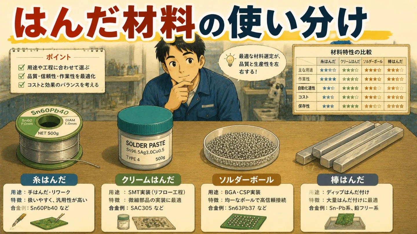 はんだ材料の使い分け｜糸はんだ・クリームはんだ・ソルダーボール・棒はんだ