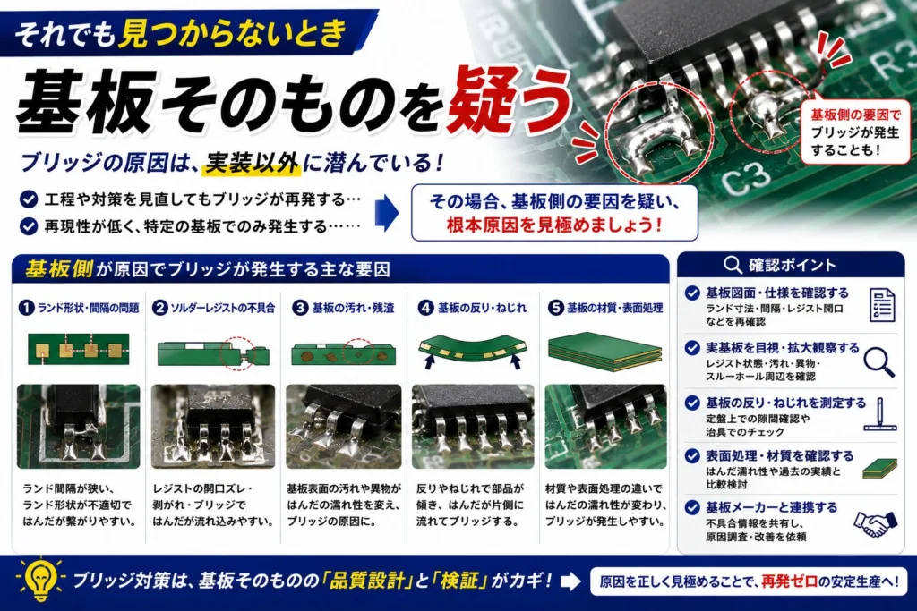 大型基板の寸法公差が原因のブリッジ