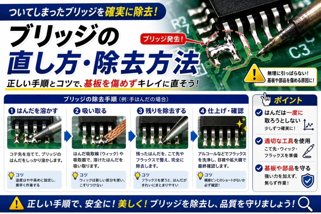 はんだ吸取線でブリッジを除去する