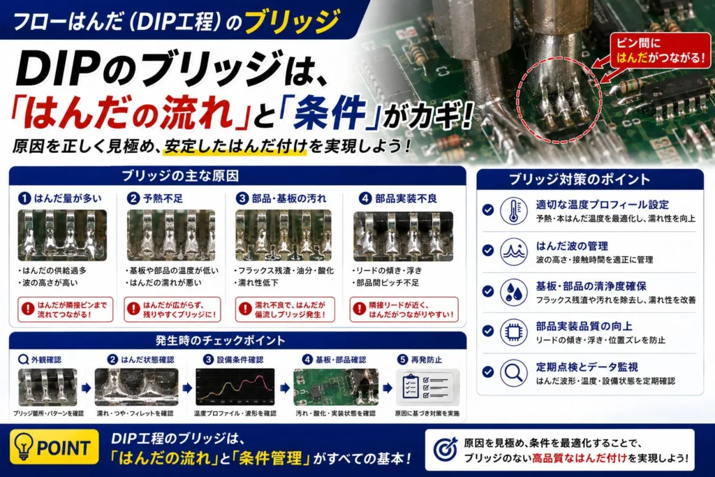 フロー（DIP）工程で発生するはんだブリッジ