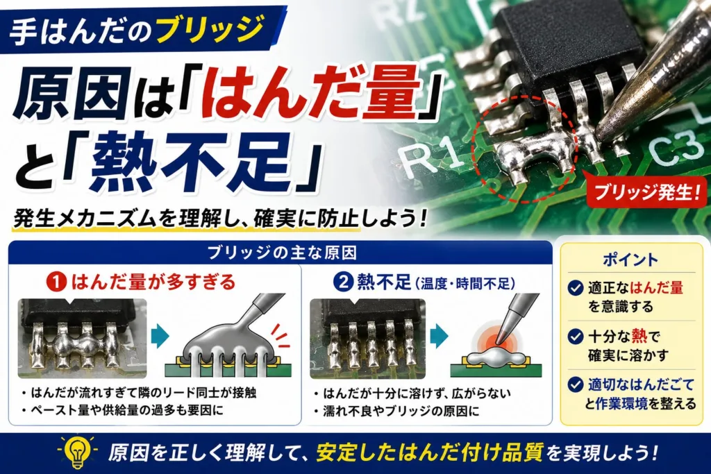 手はんだで発生したはんだブリッジ