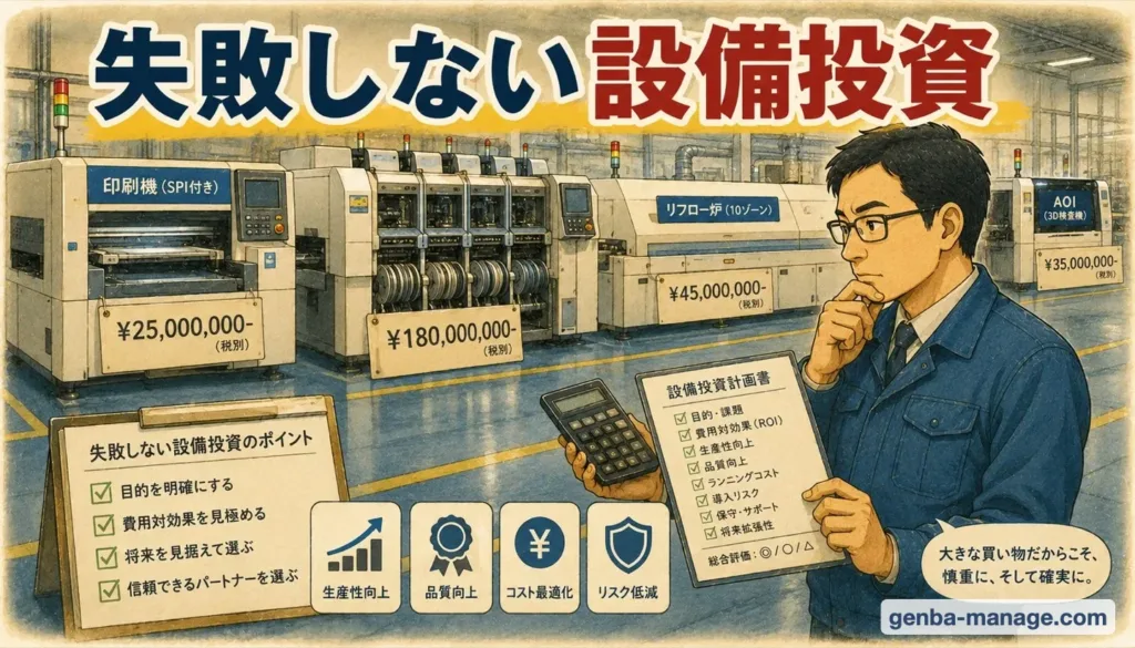 失敗しない設備投資｜価格札のついたSMT設備を前に検討する管理職