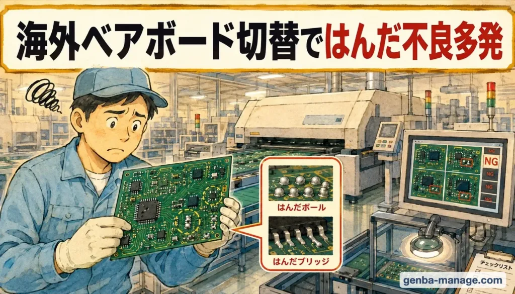 海外ベアボード切替ではんだ不良多発（はんだボール・ブリッジの図解入りアイキャッチ）